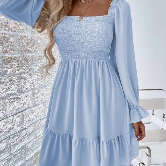 Shirred Bodice Flounce Sleeve Ruffle Hem Dress BLUE - Picture 7 of 7